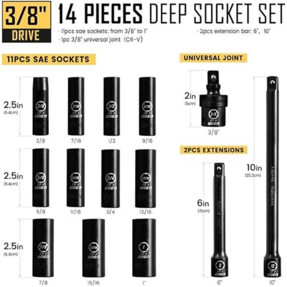Drive Deep SAE Impact Socket Set, 3/8" to 1" Socket, - Picture 2 of 14